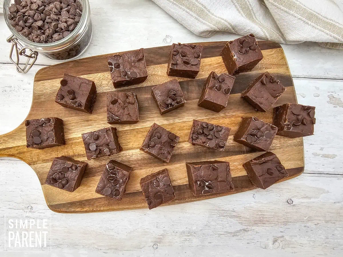 Chocolate Fudge on wooden serving board