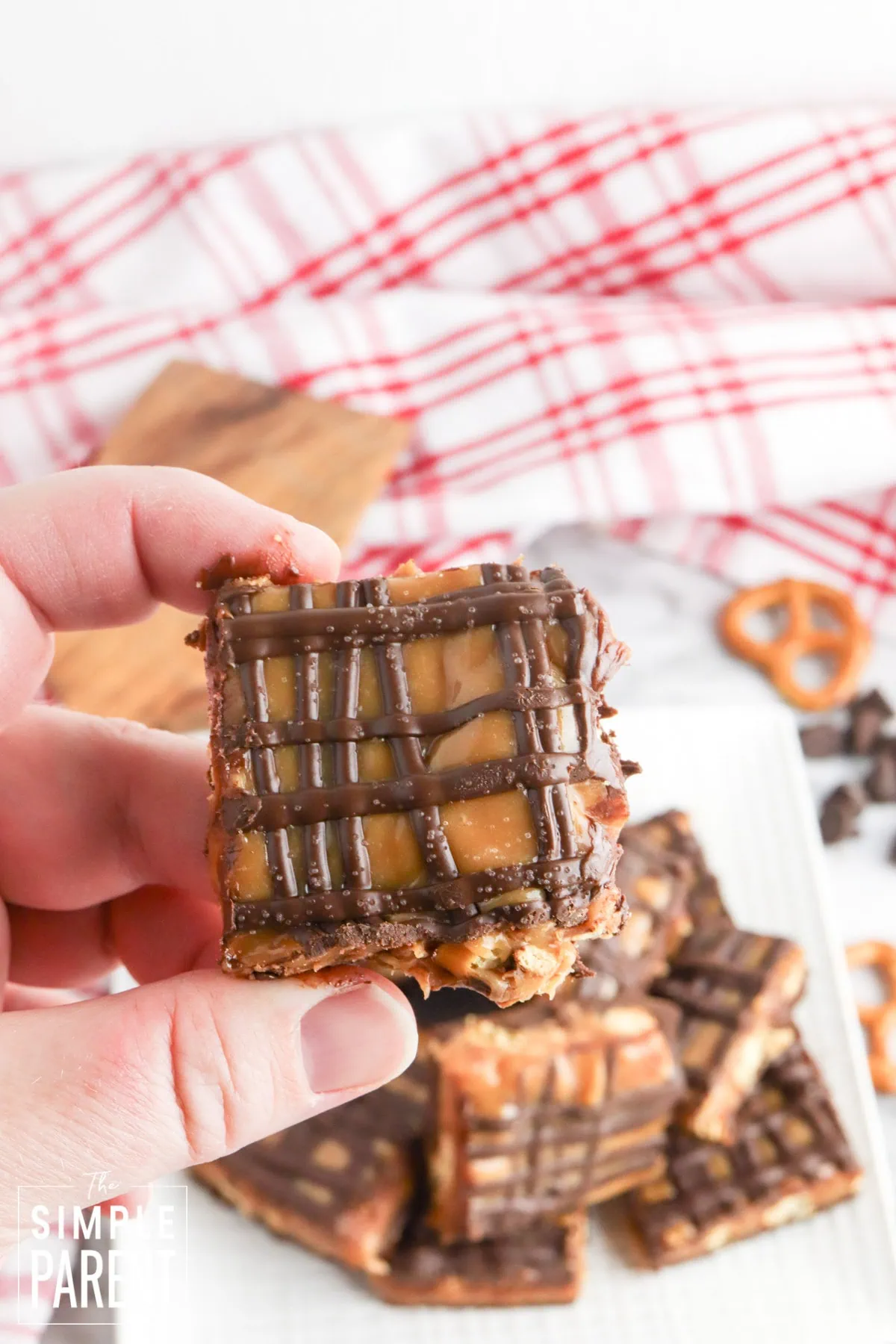 Person holding a piece of chocolate pretzel bark