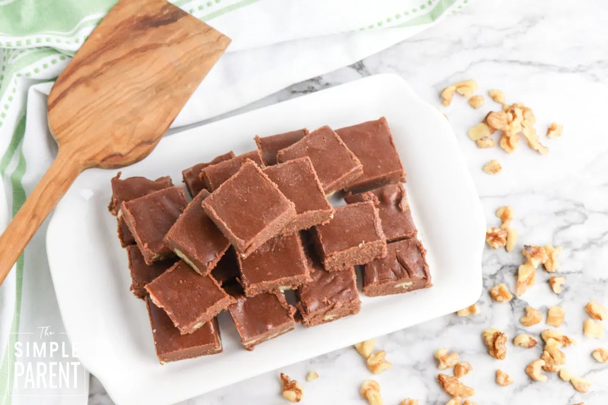 Holiday Fantasy fudge on white serving dish