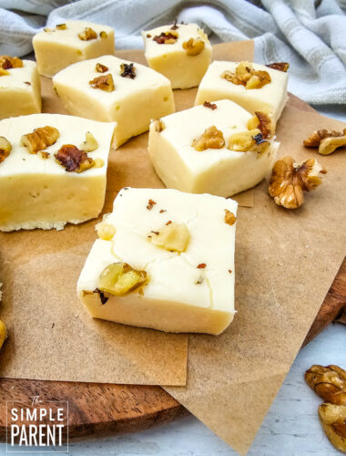 Squares of maple fudge on brown parchment paper