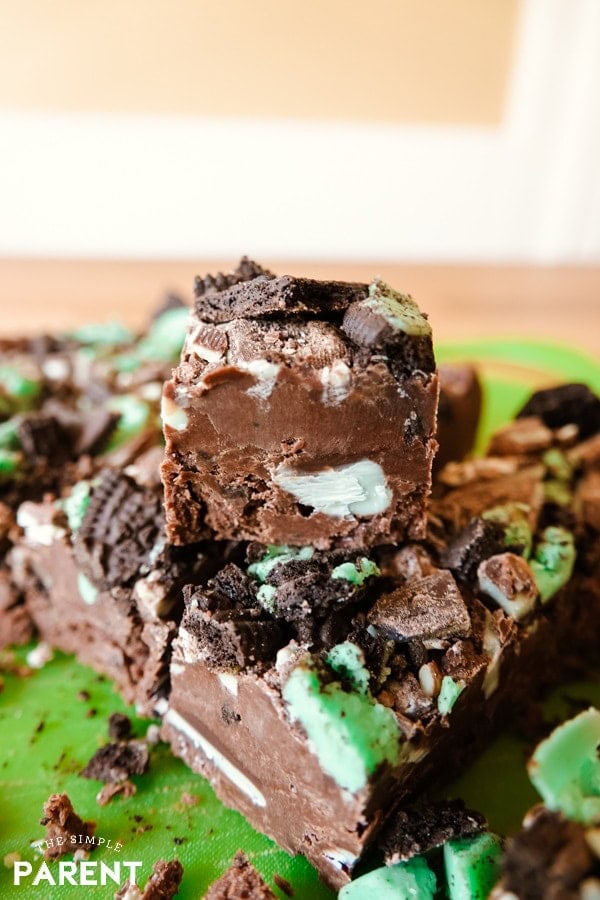 Mint Chocolate Frosting Fudge pieces in a stack