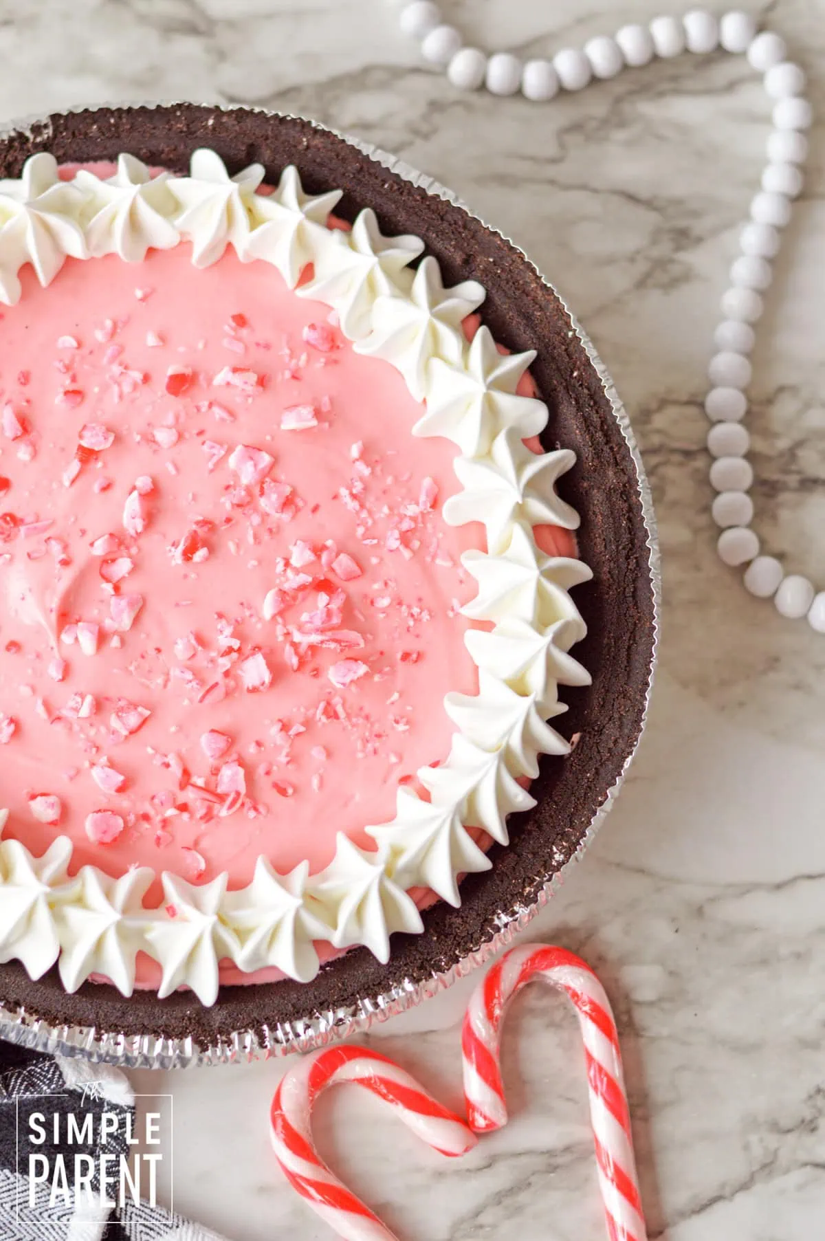 No Bake Candy Cane Pie on marble counter