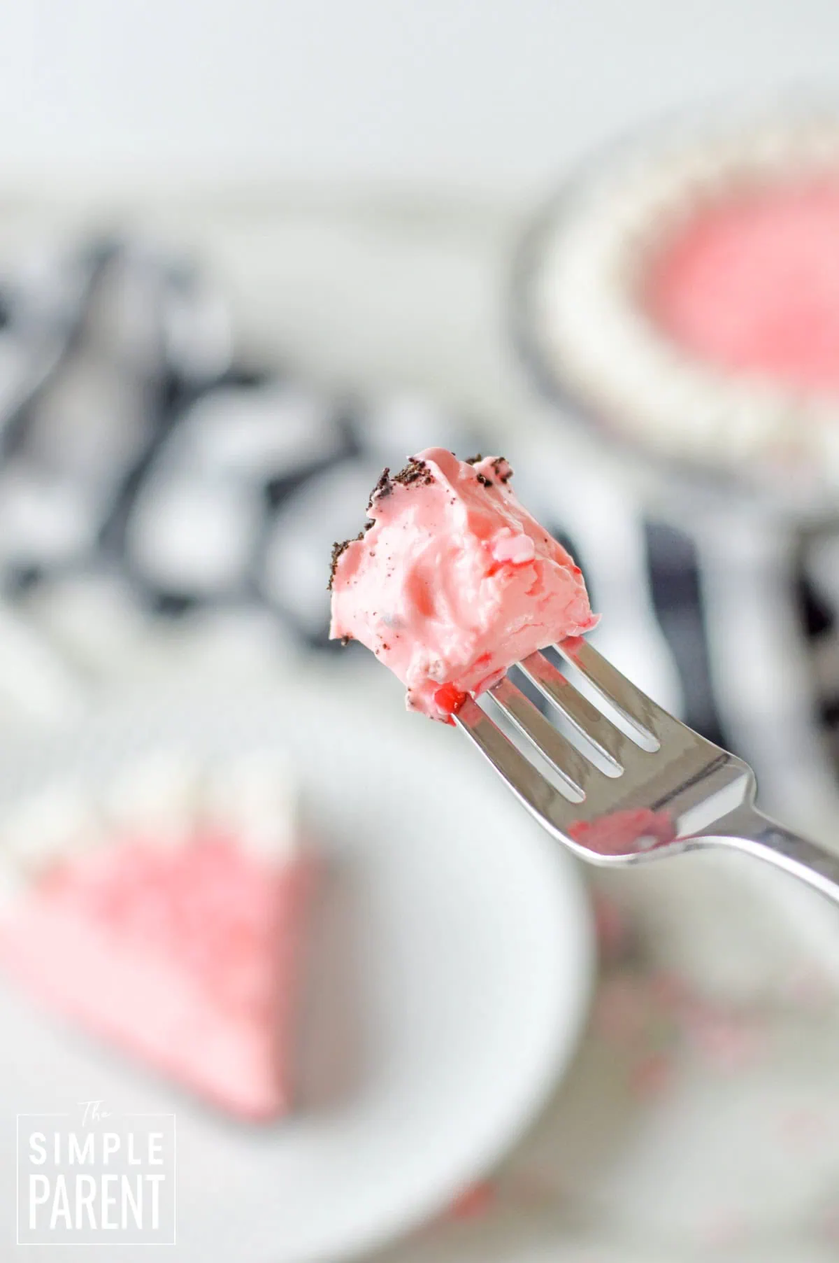 Bit of No Bake Candy Cane Pie on silver fork