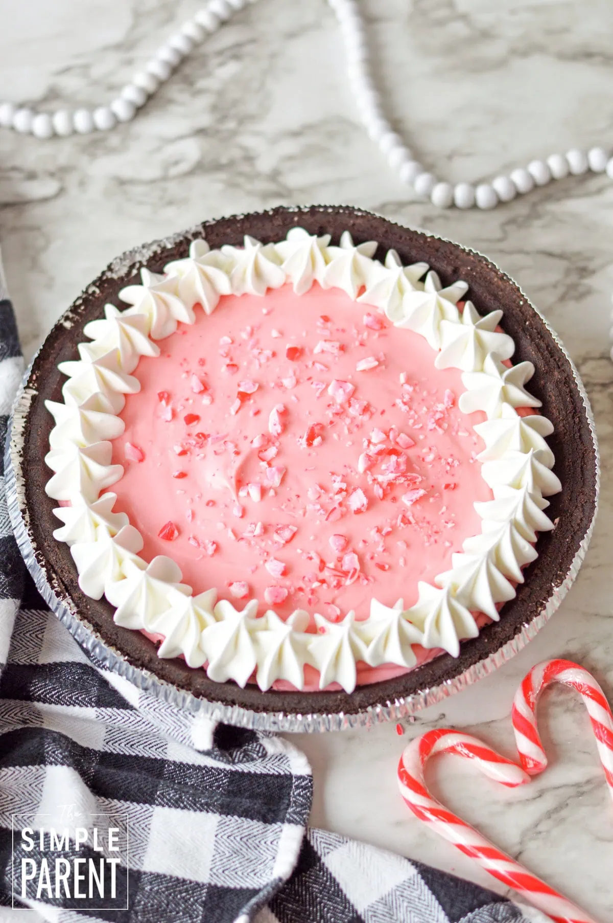 No Bake Peppermint Pie on marble counter
