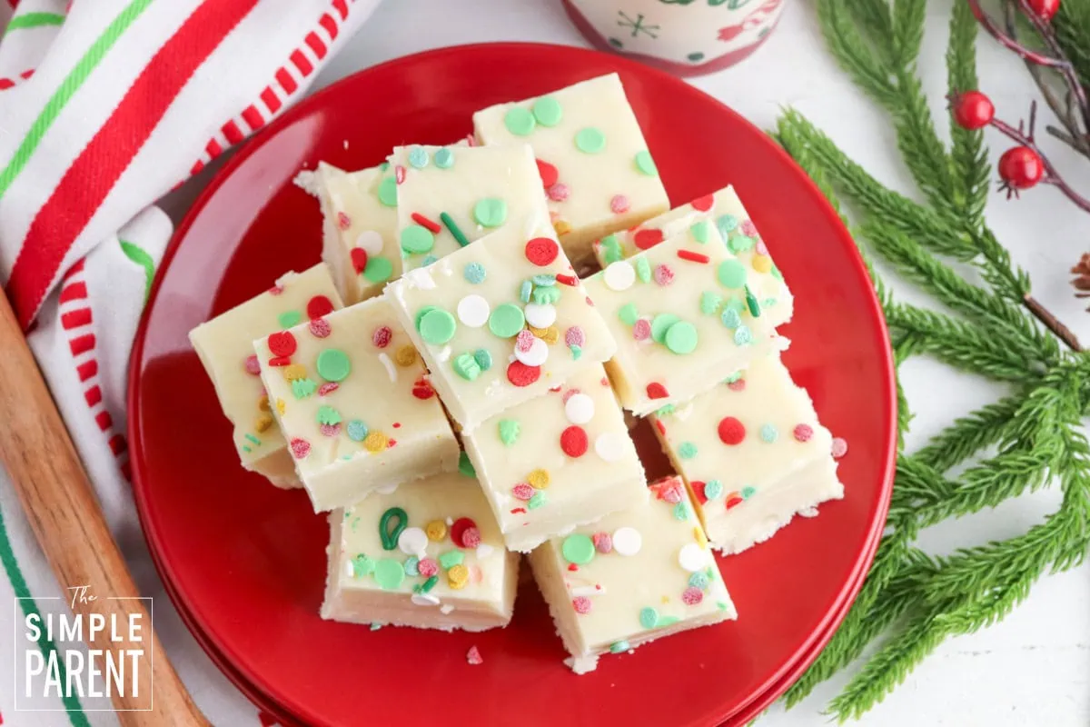 Christmas fudge pieces on red plate