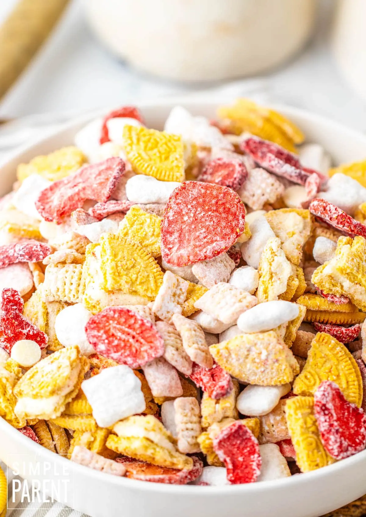 Strawberry shortcake puppy chow in white bowl