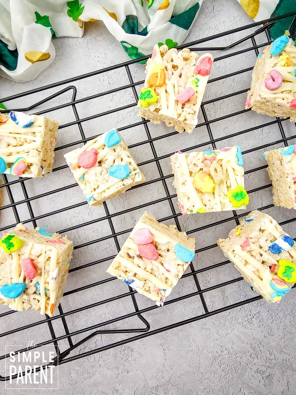 Lucky Charms Rice Crispy Treats in wire rack