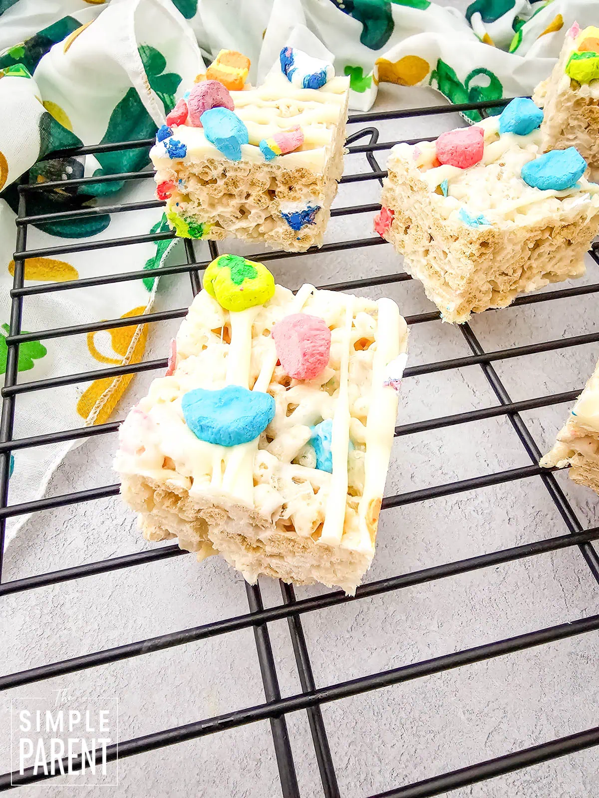 St. Patrick's Day Rice Krispie Treat on wire baking rack