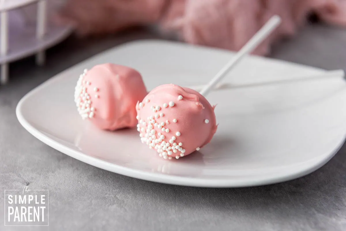 Pink copycat starbucks cake pops for Valentine's Day on white plate