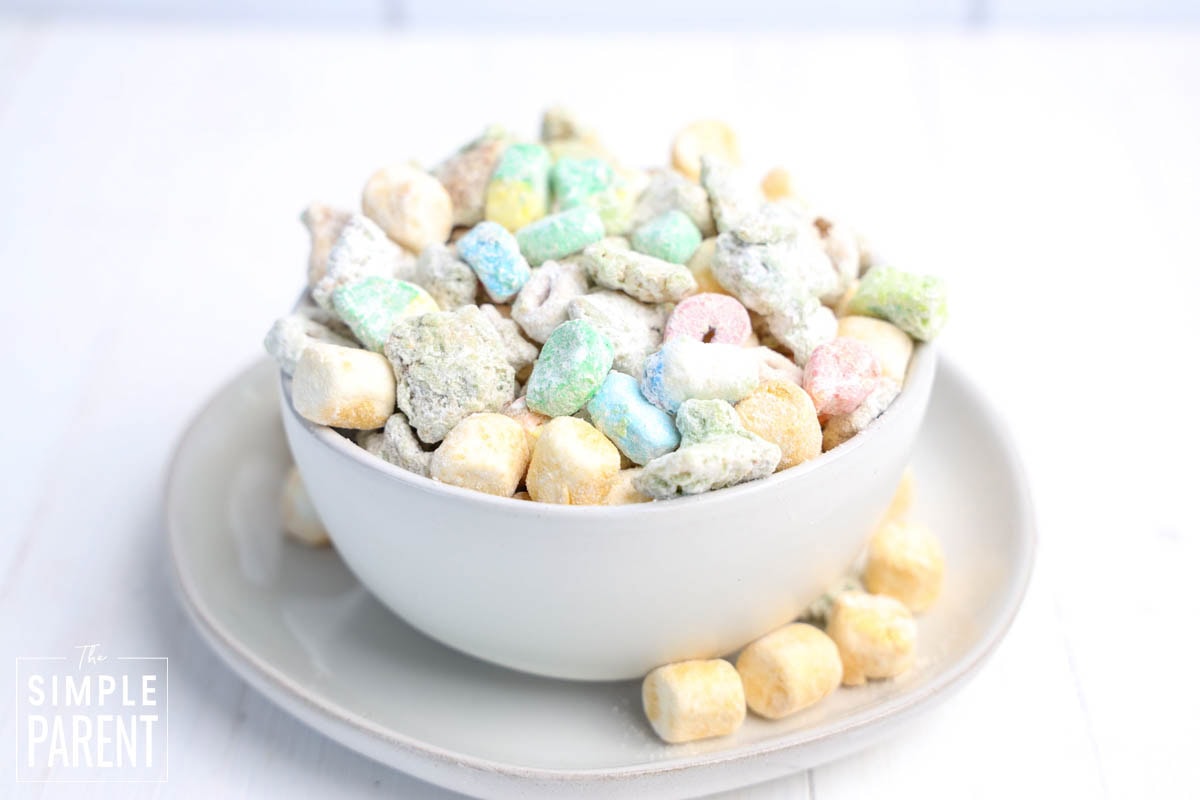 St Patrick's Day Puppy Chow in white bowl