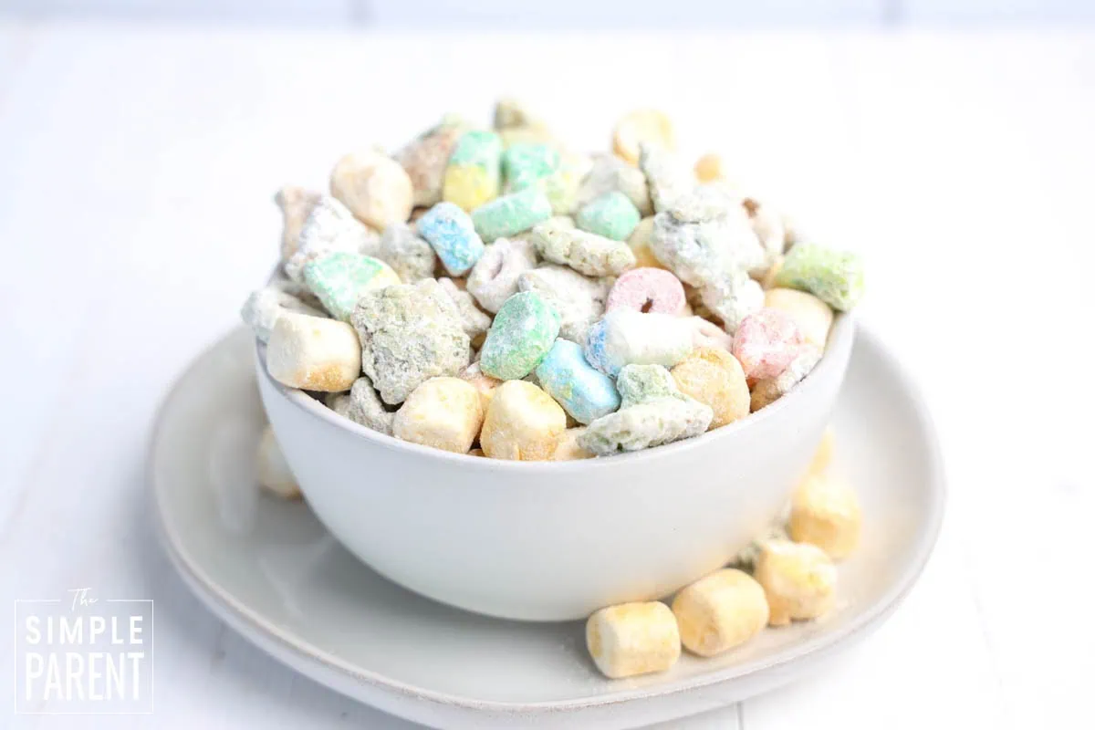 St Patrick's Day Puppy Chow in white bowl
