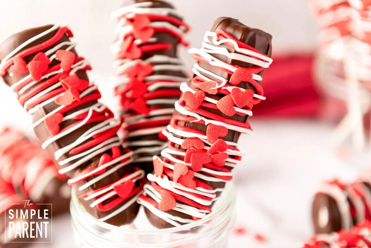 Chocolate covered marshmallow pops for Valentine's Day in glass jar