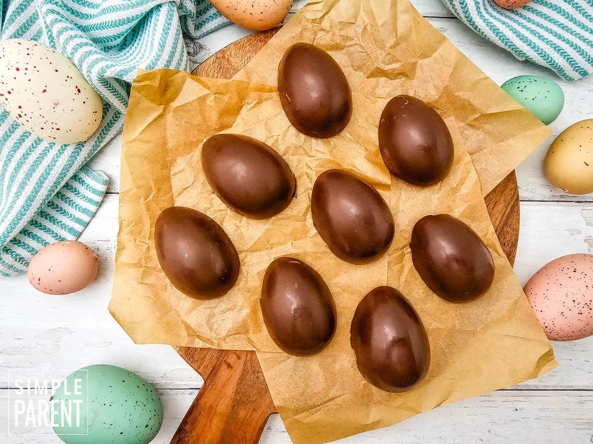 chocolate peanut butter easter eggs on brown parchment paper
