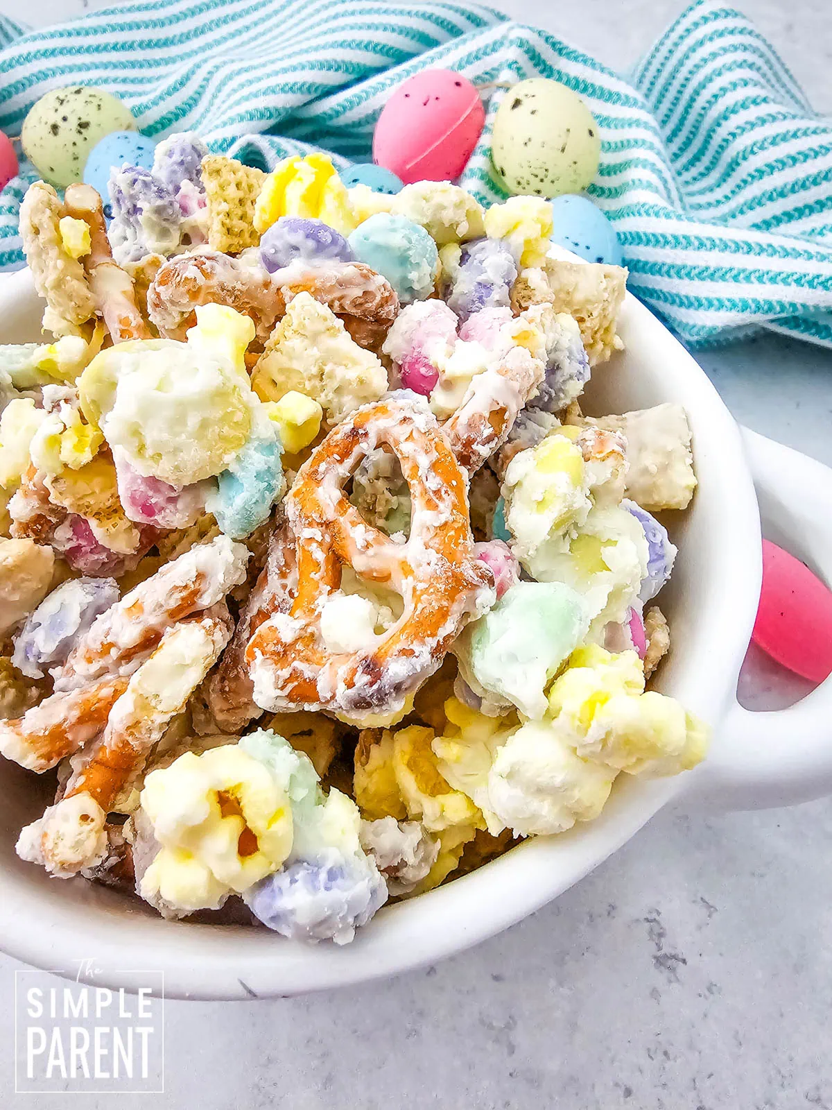 Bunny Bait Easter Chex Mix in white bowl