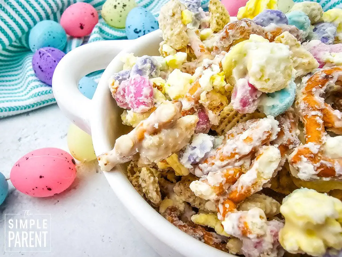 Easter Chex Mix Bunny Bait in white bowl