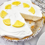 No Bake Lemonade Pie on marble counter
