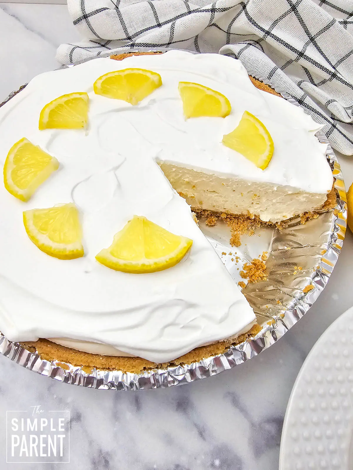No Bake Lemonade Pie on marble counter