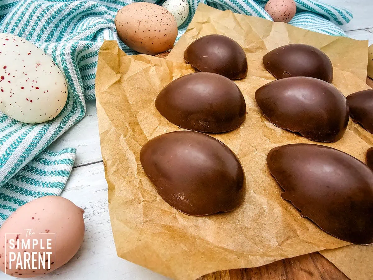 Homemade peanut butter easter eggs on parchment paper