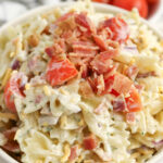 Bacon Ranch Pasta Salad in white bowl