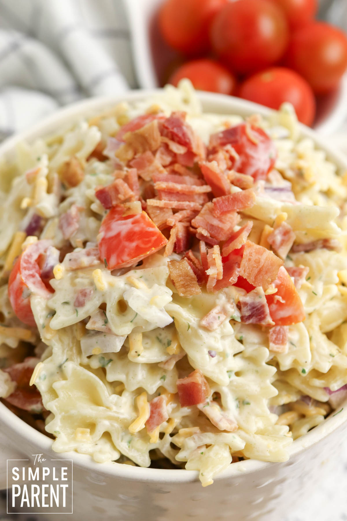 Bacon Ranch Pasta Salad in white bowl