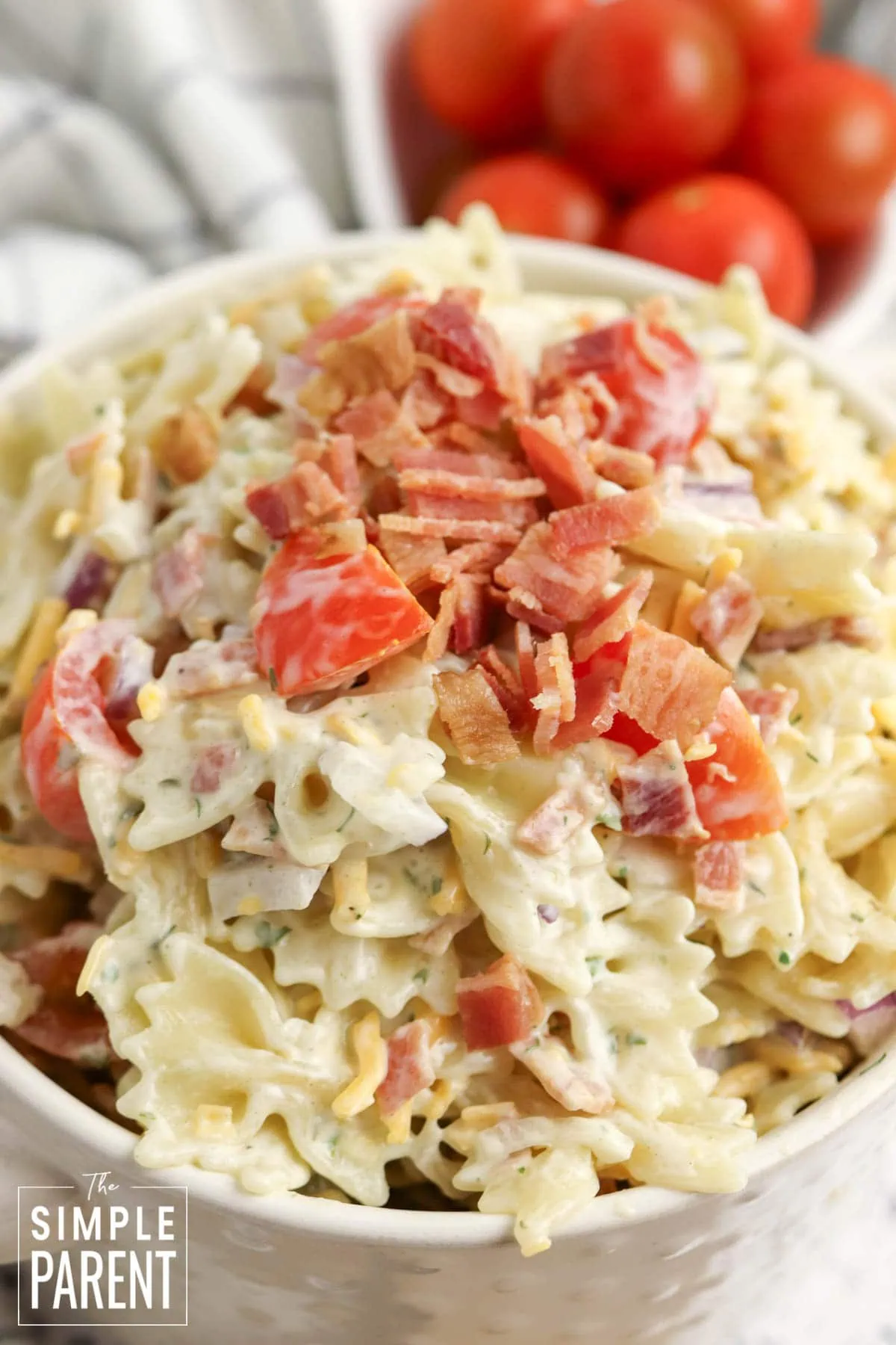 Bacon Ranch Pasta Salad in white bowl