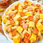 Pepperoni Pasta Salad with Cheese in white bowl