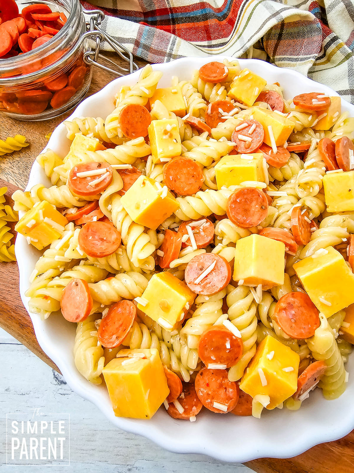 Pepperoni Pasta Salad with Cheese in white bowl