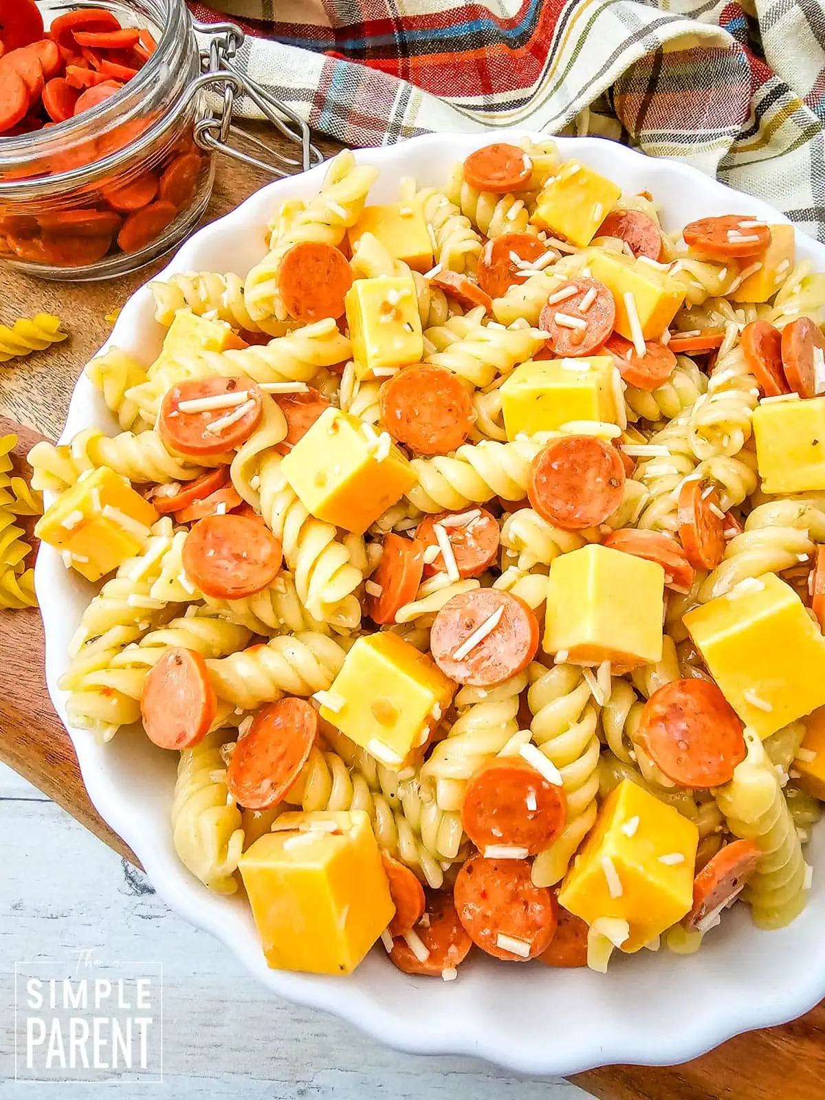 Pepperoni Pasta Salad with Cheese in white bowl