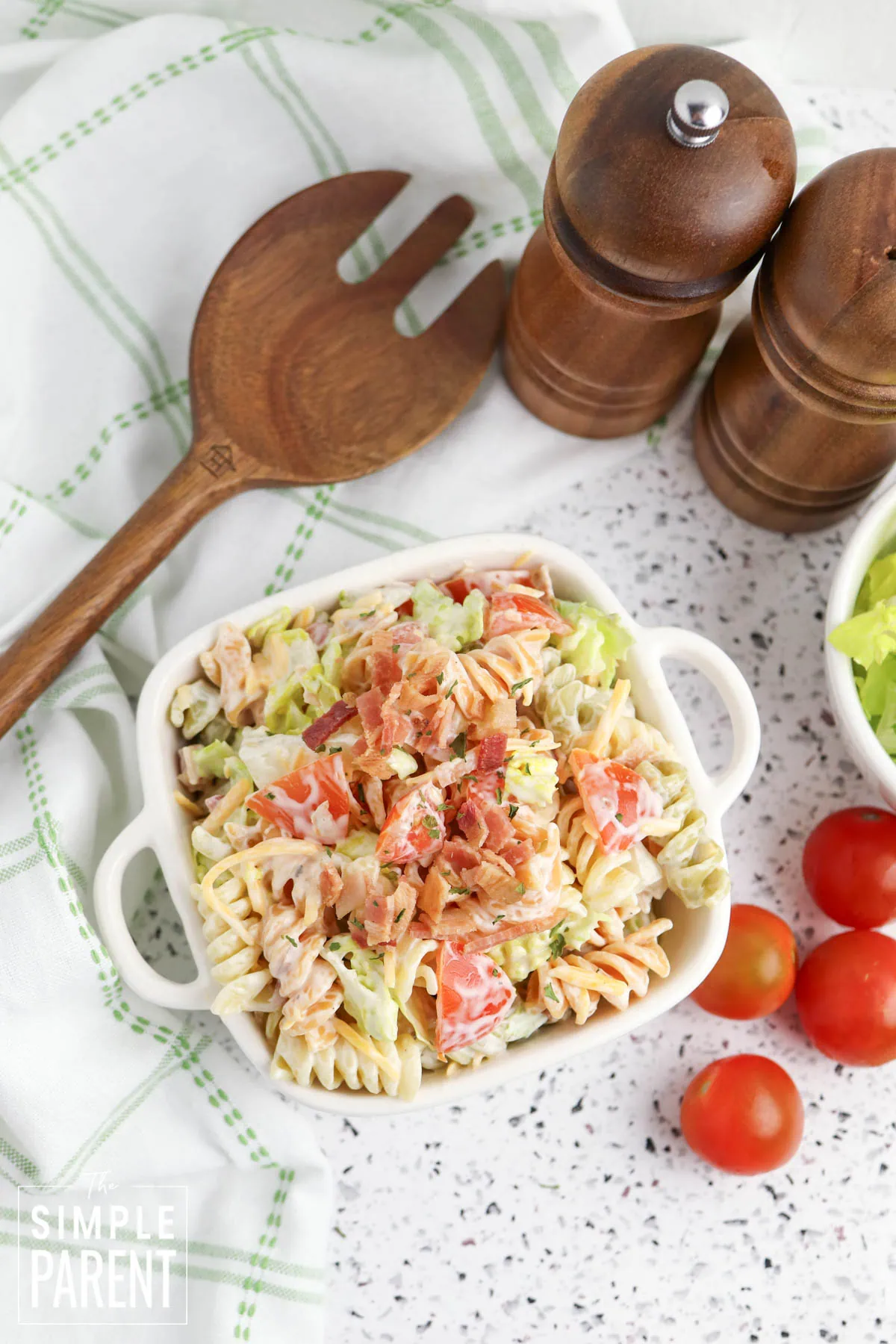 bacon pasta salad in white bowl