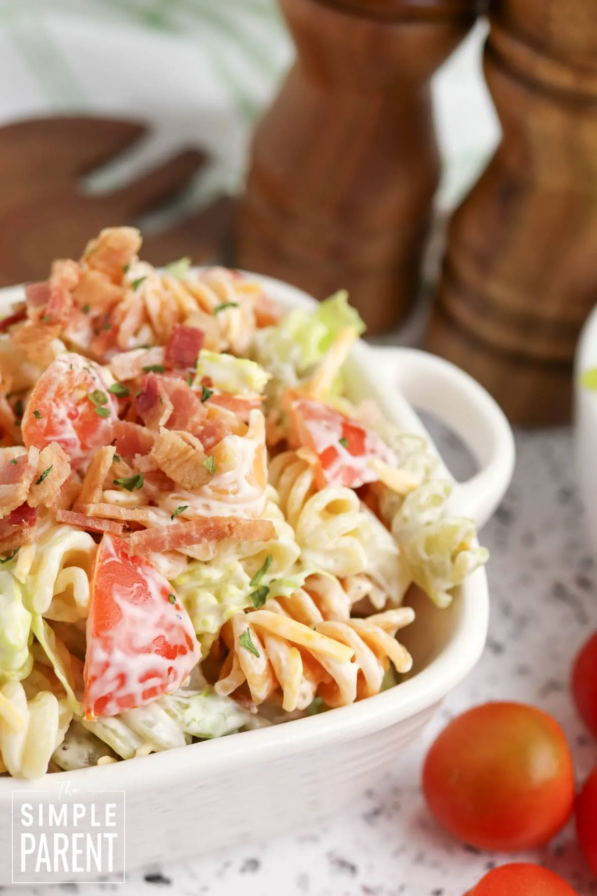 BLT pasta salad in white bowl