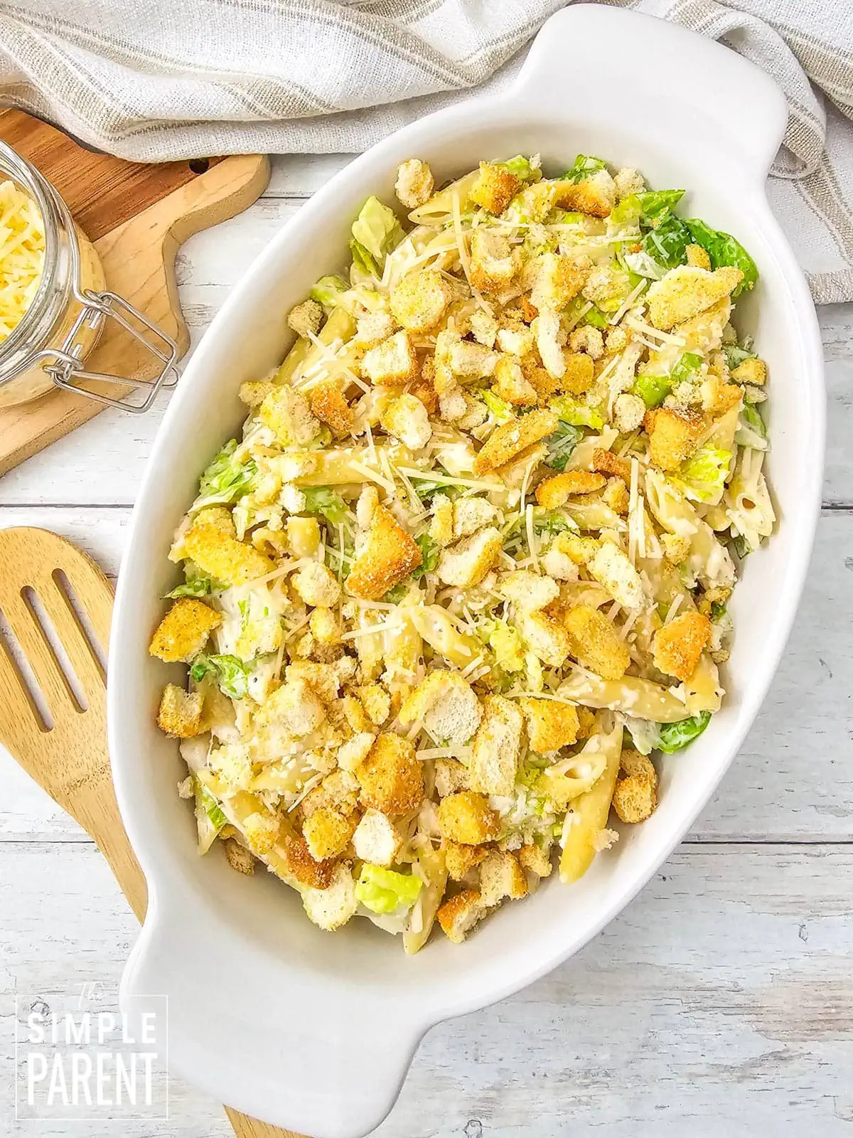 Caesar Salad Pasta Salad in white serving dish