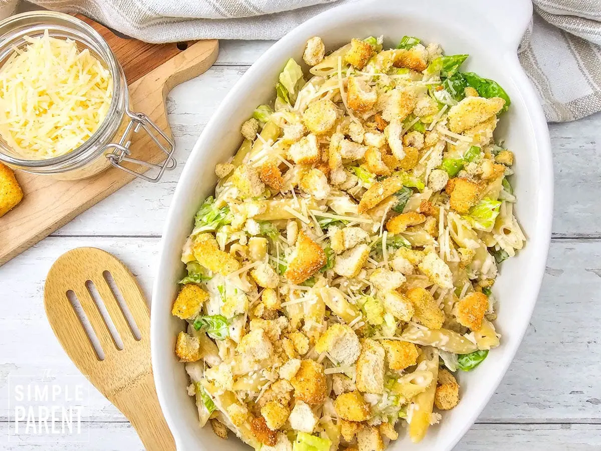 caesar salad pasta in white bowl