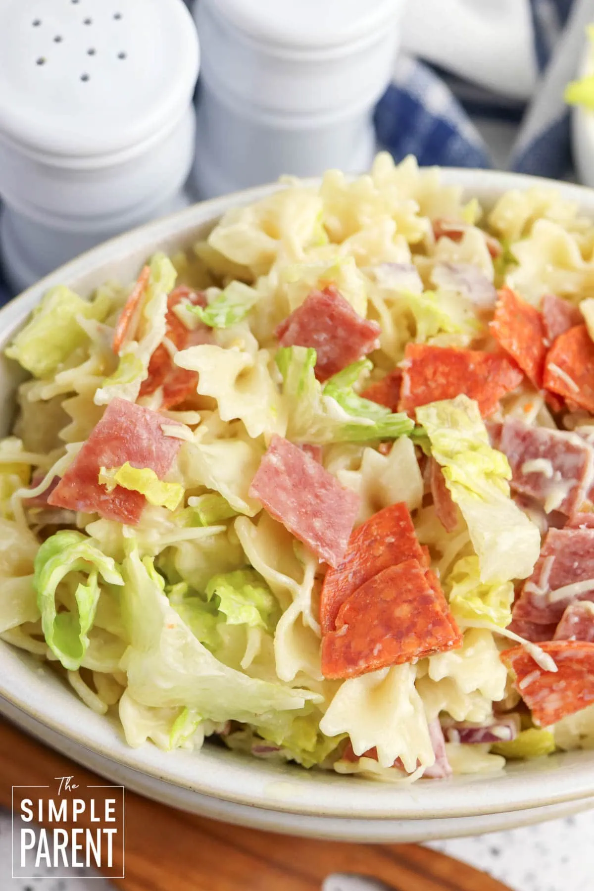 Grinder Pasta Salad in white bowl