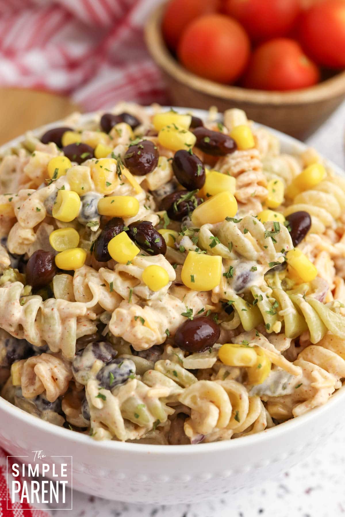 Mexican Pasta Salad in white bowl