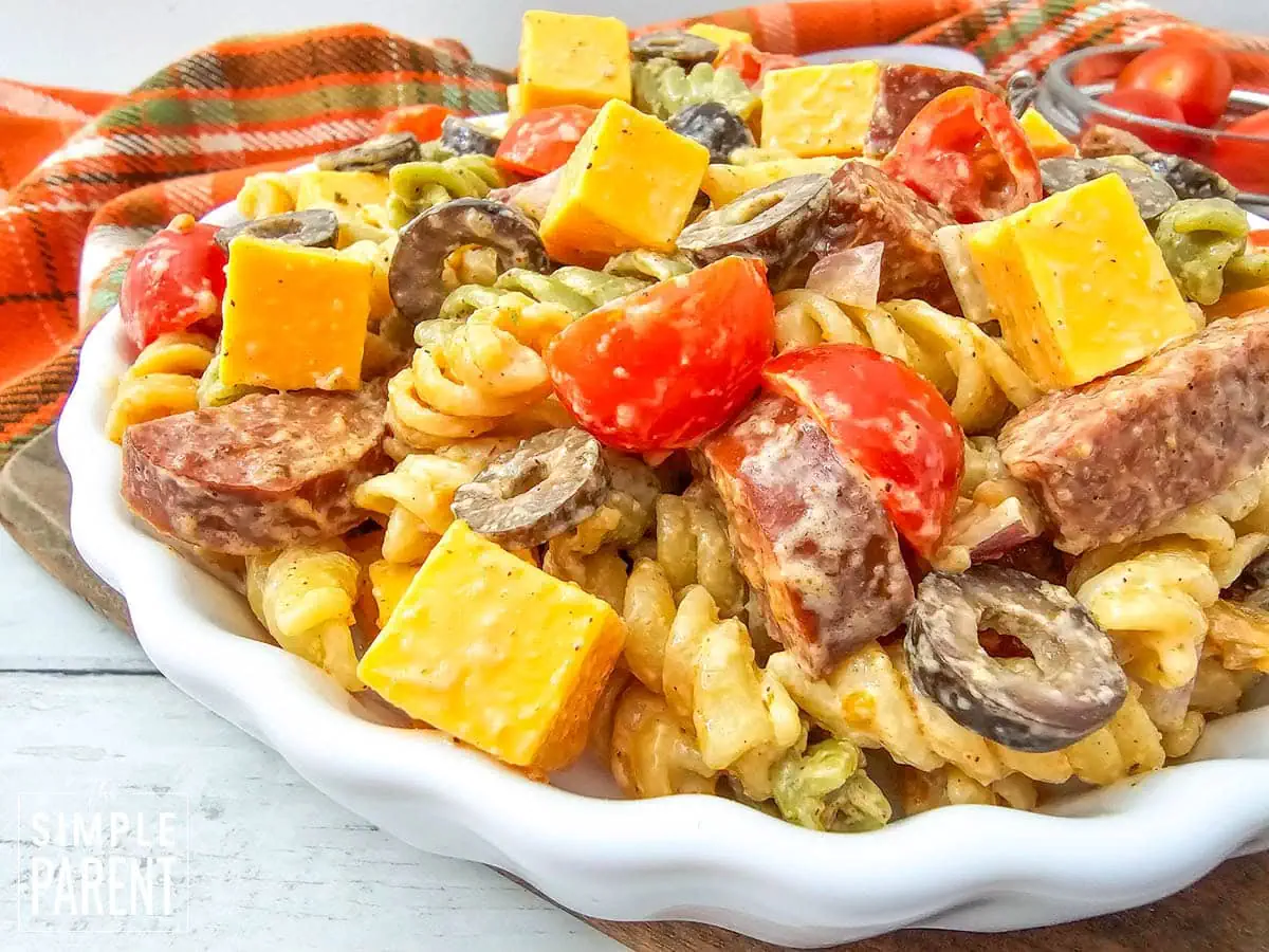 summer sausage pasta salad in white bowl