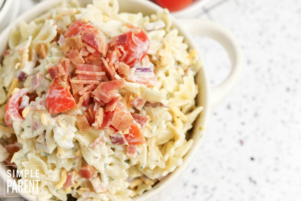 Cold ranch pasta salad in white bowl