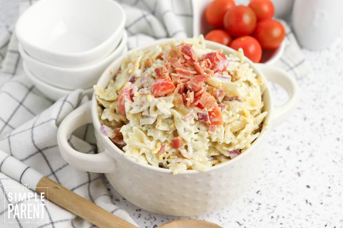 Cheddar bacon ranch pasta salad in white bowl