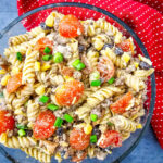 Cowboy Pasta Salad in glass bowl