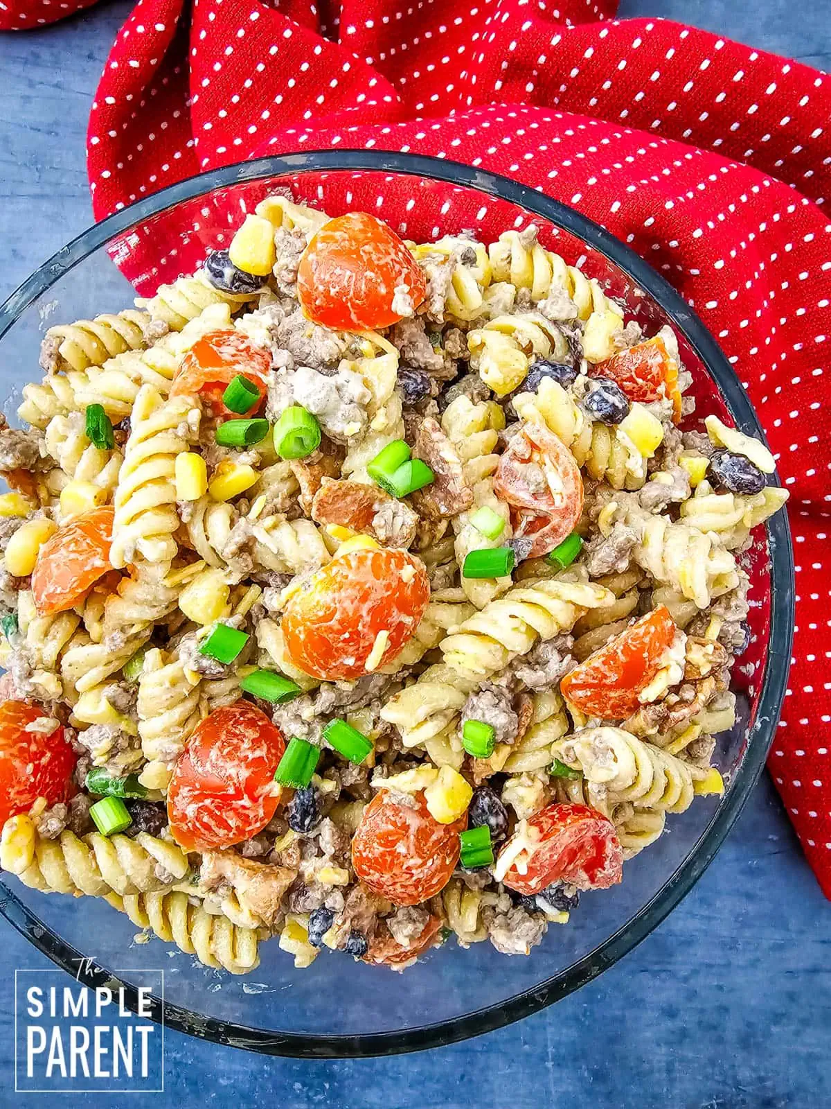 Cowboy Pasta Salad in glass bowl