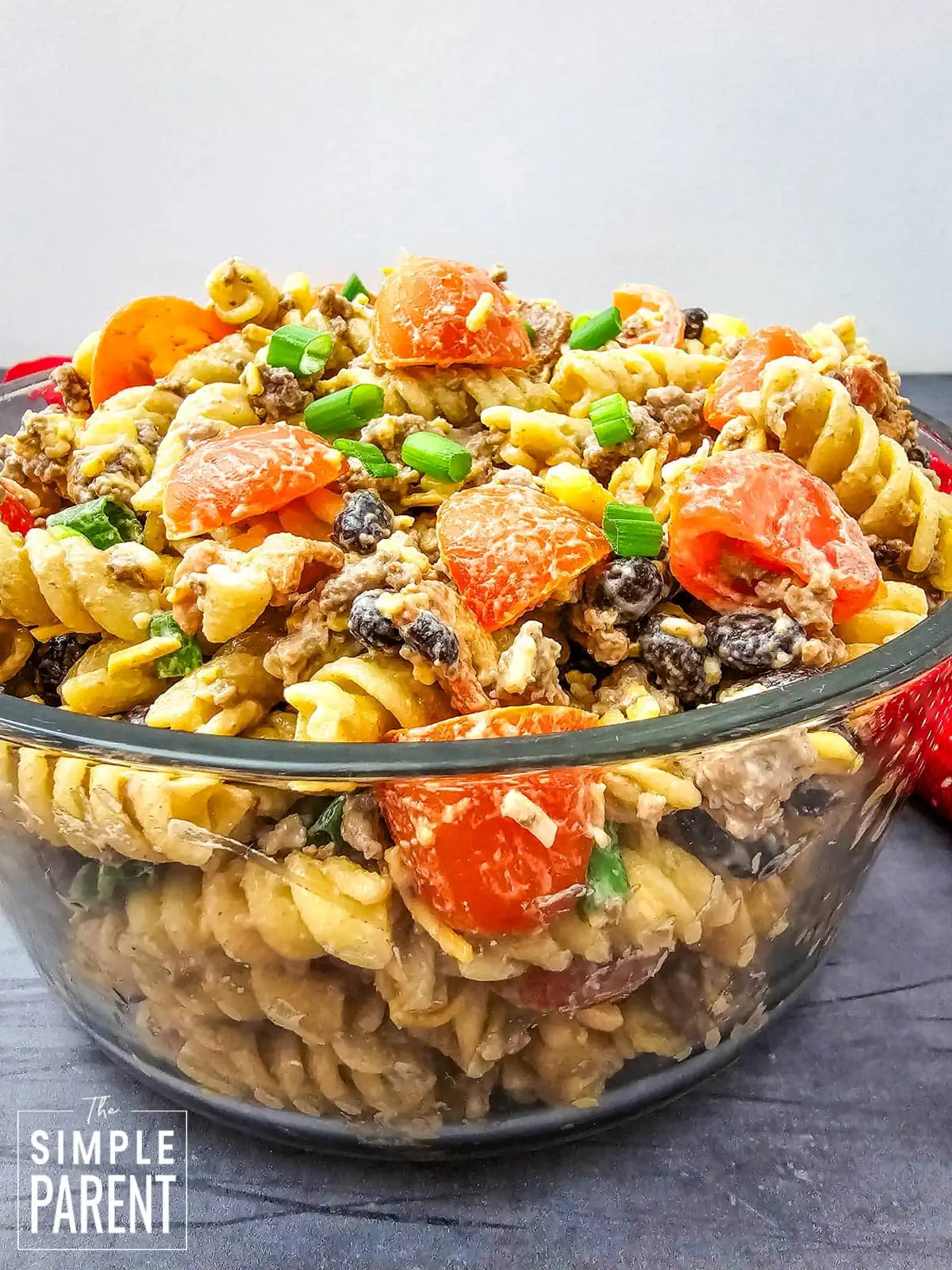 Cowboy Caviar Pasta Salad in glass bowl