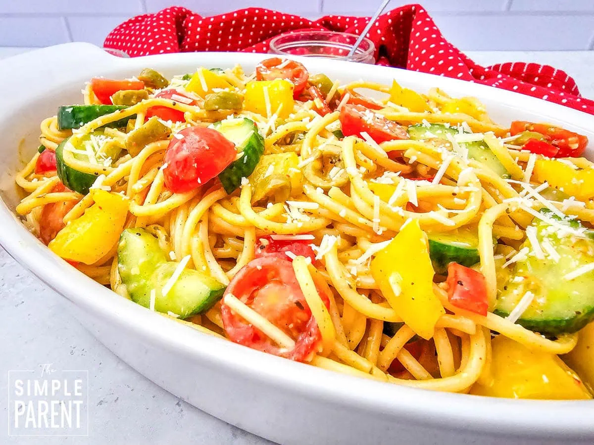 Spaghetti Salad With Salad Supreme in white dish