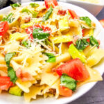 Avocado Pasta Salad in white serving bowl