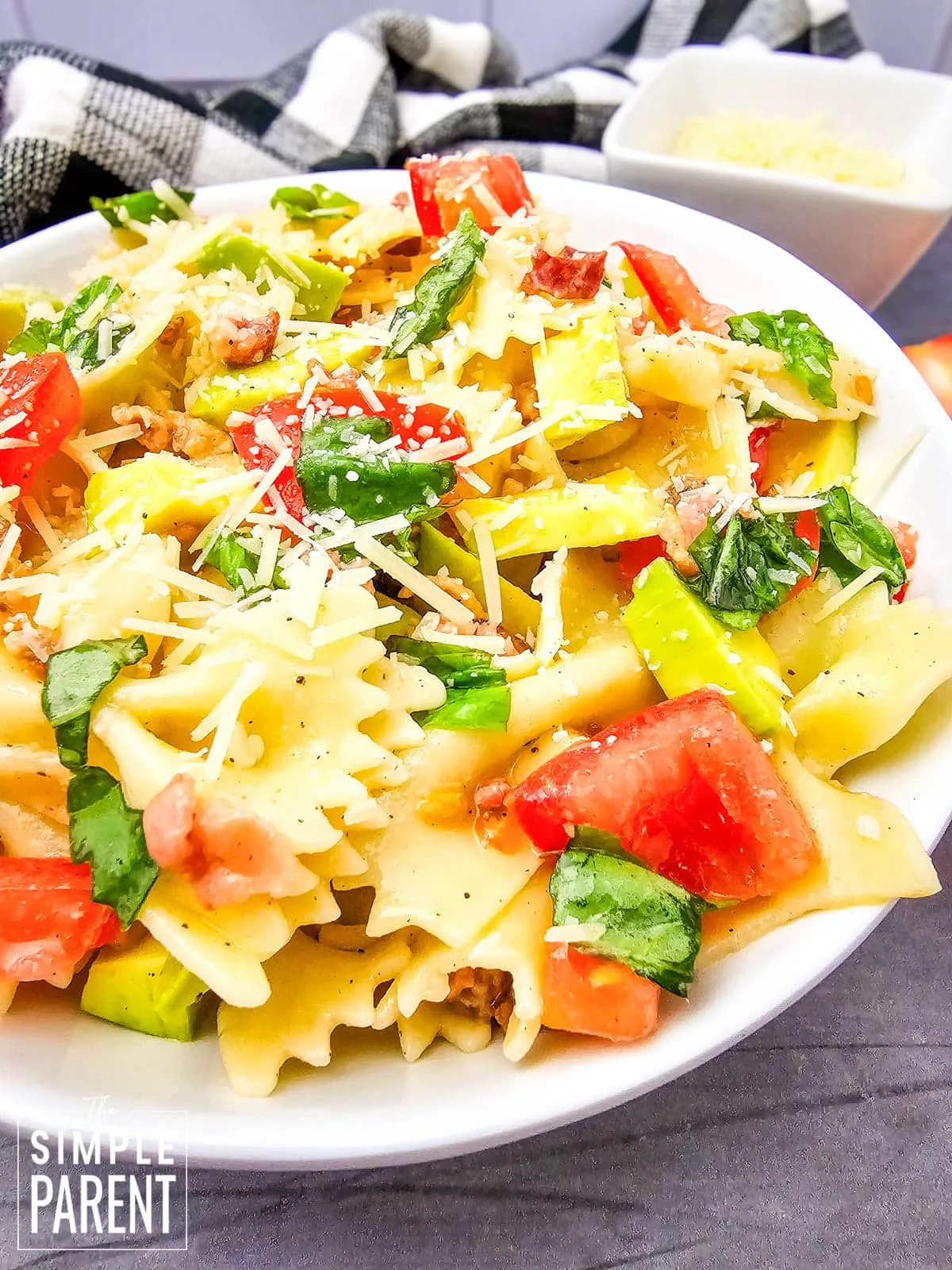 Avocado Pasta Salad in white serving bowl