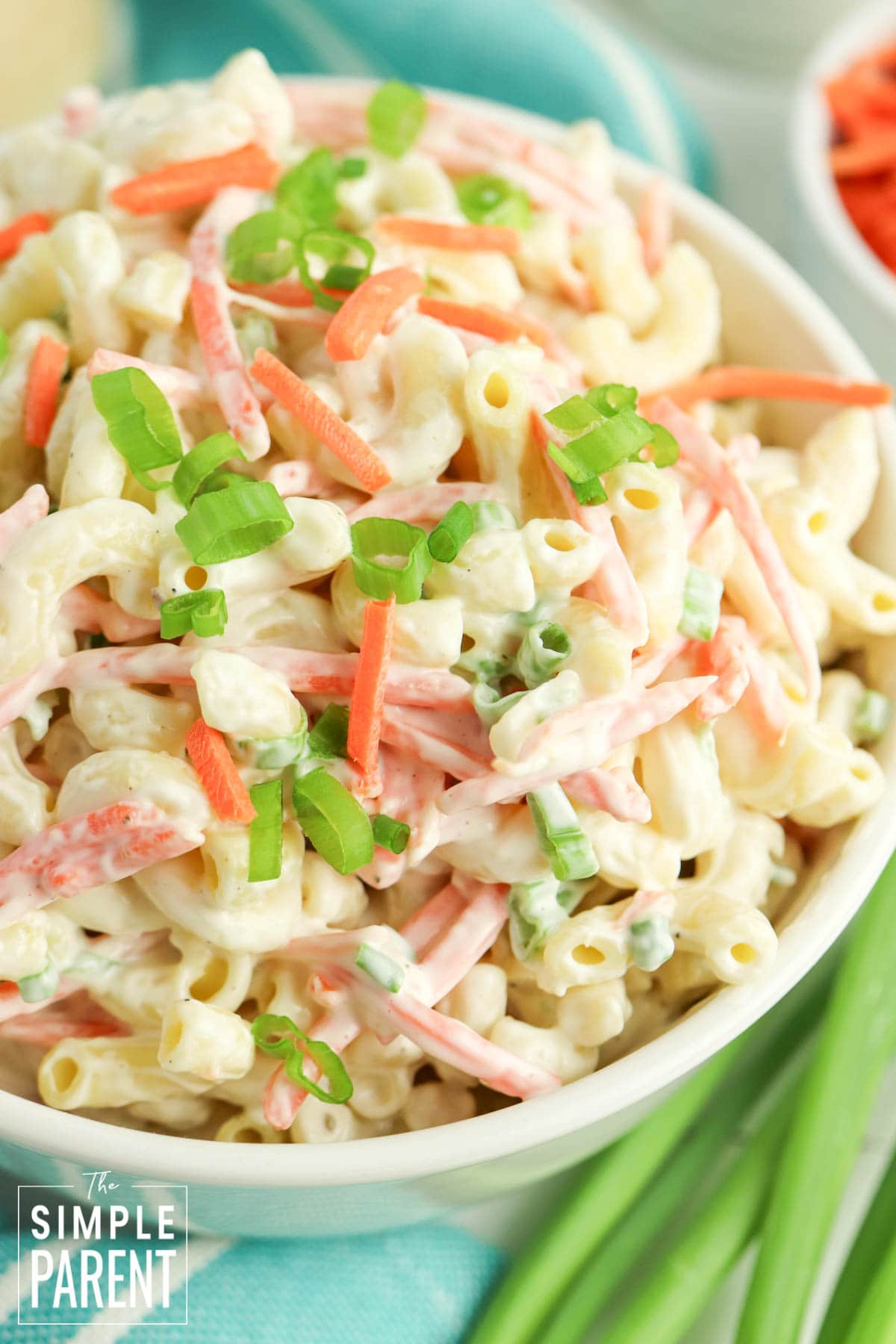 creamy macaroni salad recipe in white bowl