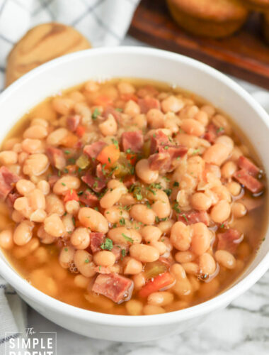 Crockpot Ham and Bean Soup in white bowl