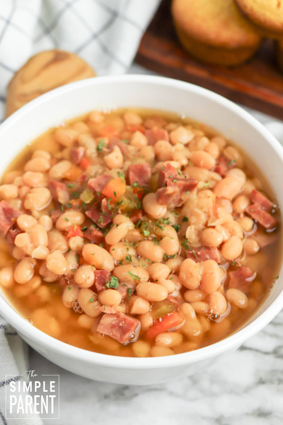 Crockpot Ham and Bean Soup in white bowl