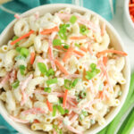 Easy Macaroni Salad on white serving bowl