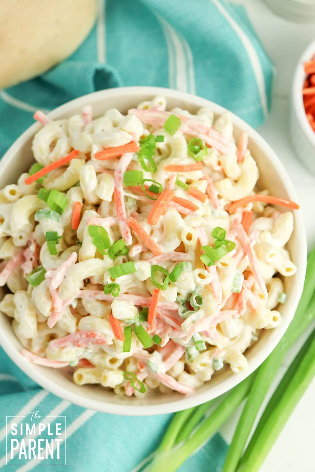 Easy Macaroni Salad on white serving bowl