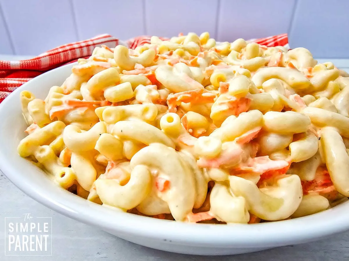 hawaiian mac salad in white serving dish