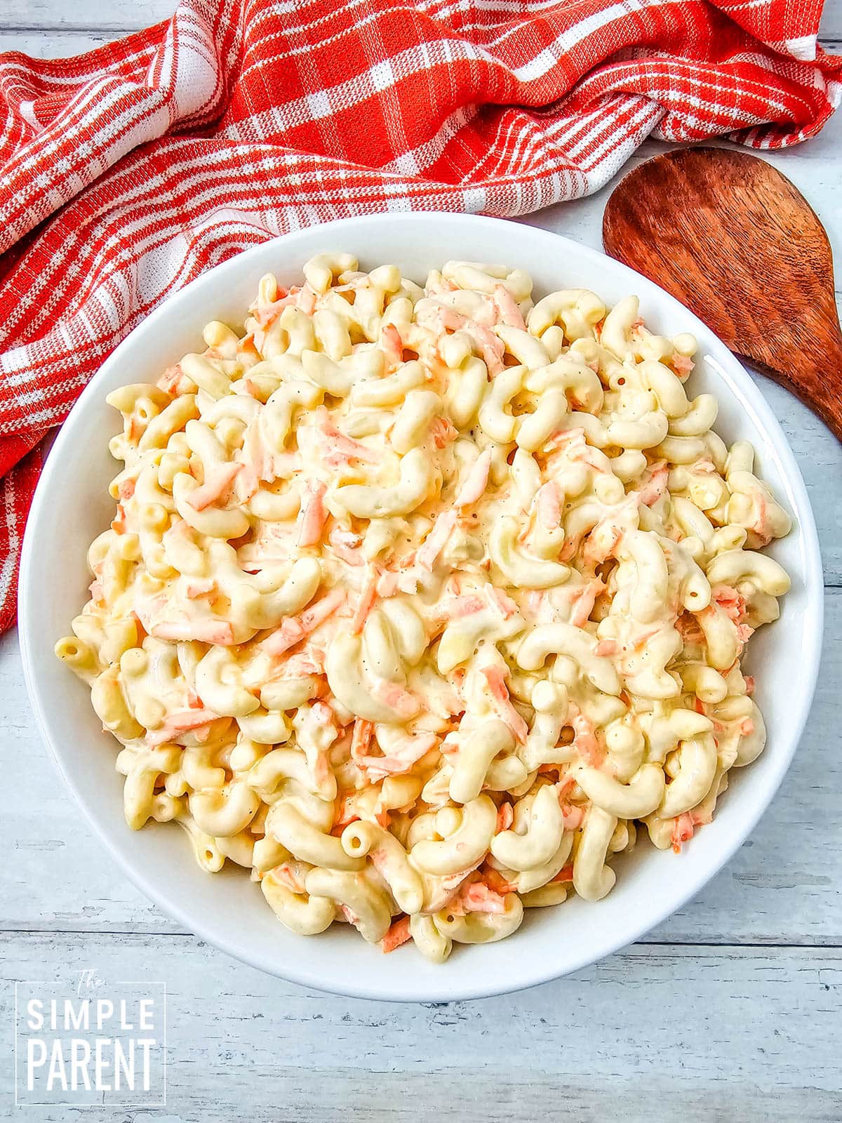 Hawaiian Macaroni Salad (Mac Salad) in white serving bowl